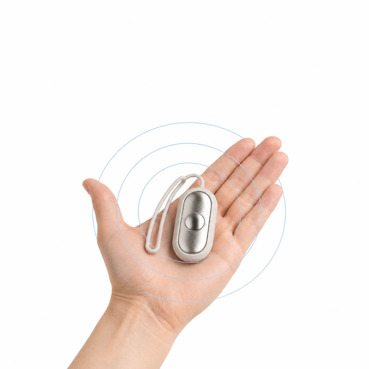 Hand hält die Einschlafhilfe, sanfte Wellenringe symbolisieren die Vibration