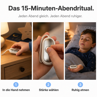 Das 15-Minuten-Abendritual in 3 Schritten: in die Hand nehmen, Stärke wählen, ruhig atmen – Kind hält die Einschlafhilfe in der Hand