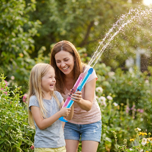 Familie hat Spass mit der Feuerwerk-Wasserspritze im Garten