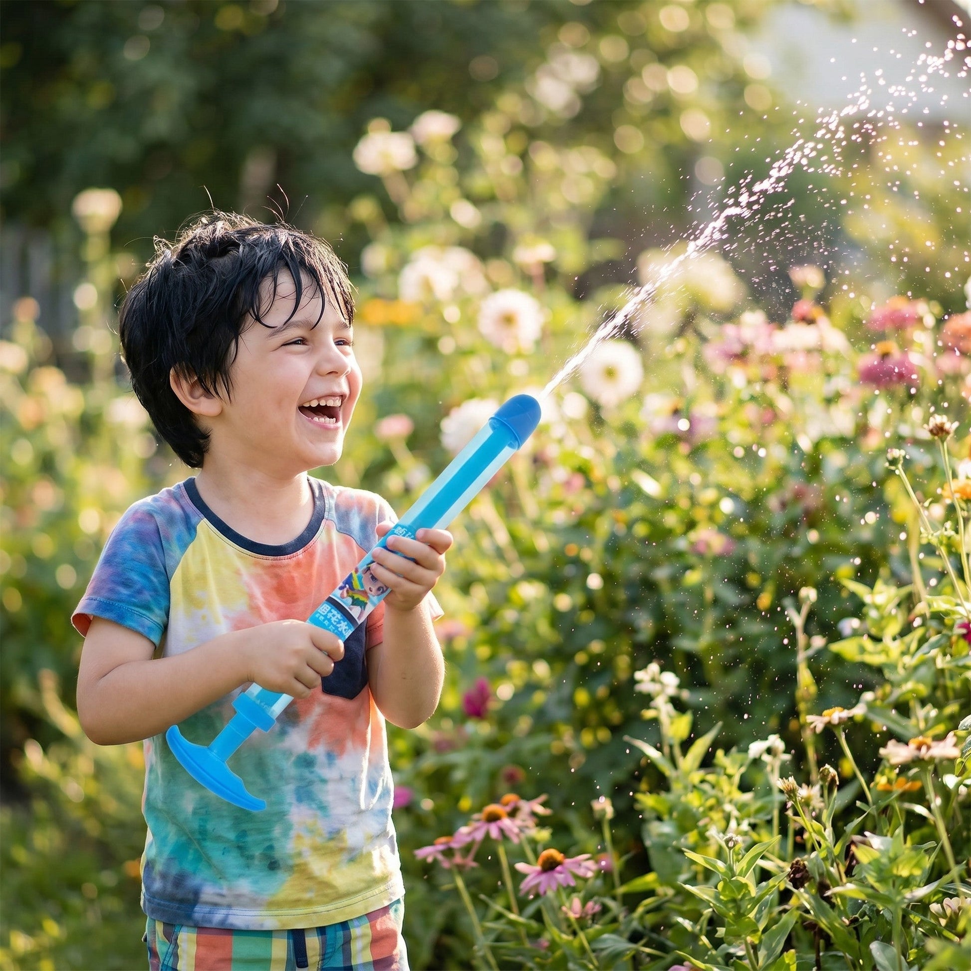 Kind spritzt mit der Feuerwerk-Wasserspritze im Garten