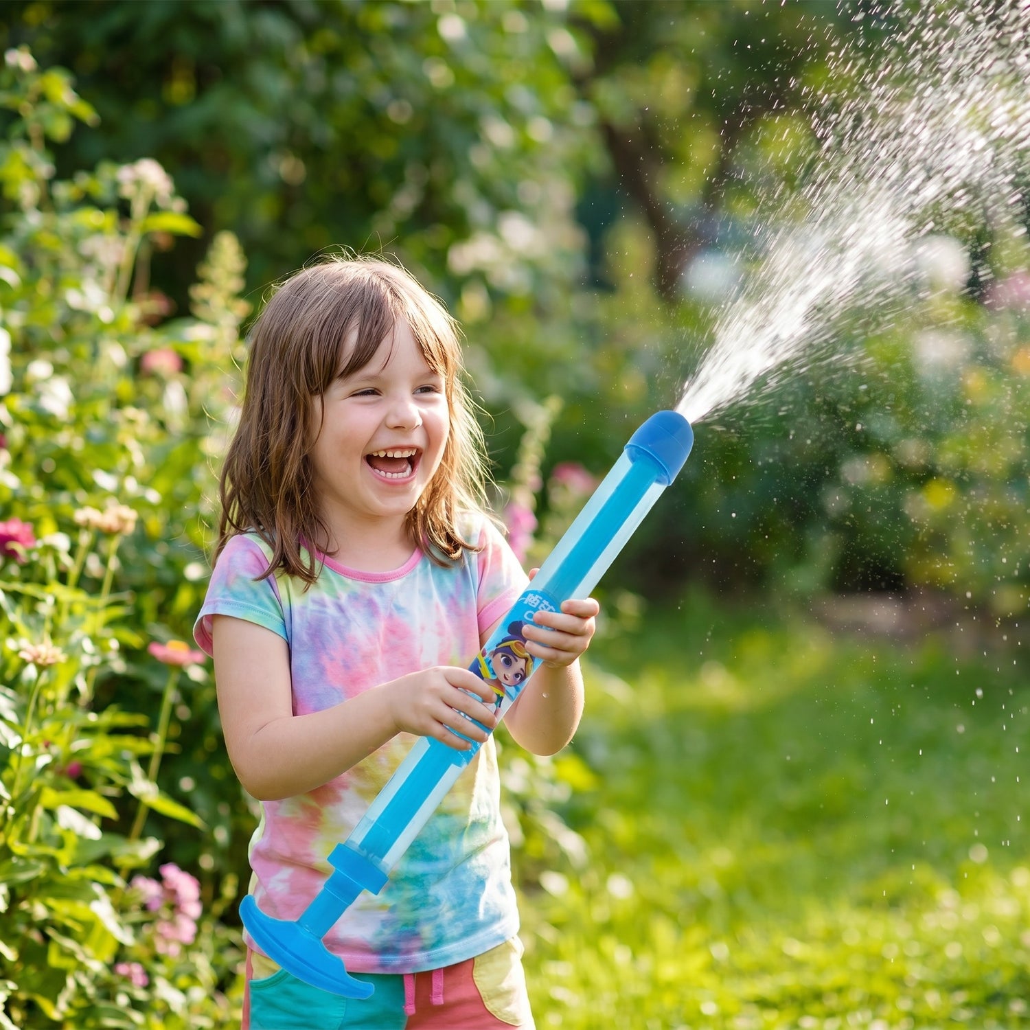 Kind freut sich mit der Feuerwerk-Wasserspritze