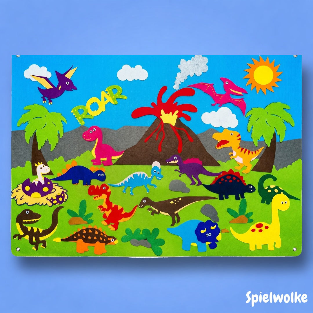 Montessori-Filzbuch Dinosaurier-Motiv auf blauem Hintergrund