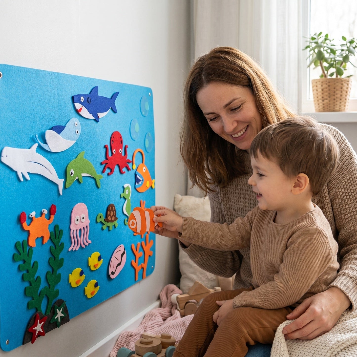 Mutter und Sohn spielen am Unterwasser-Filzbuch von Spielwolke