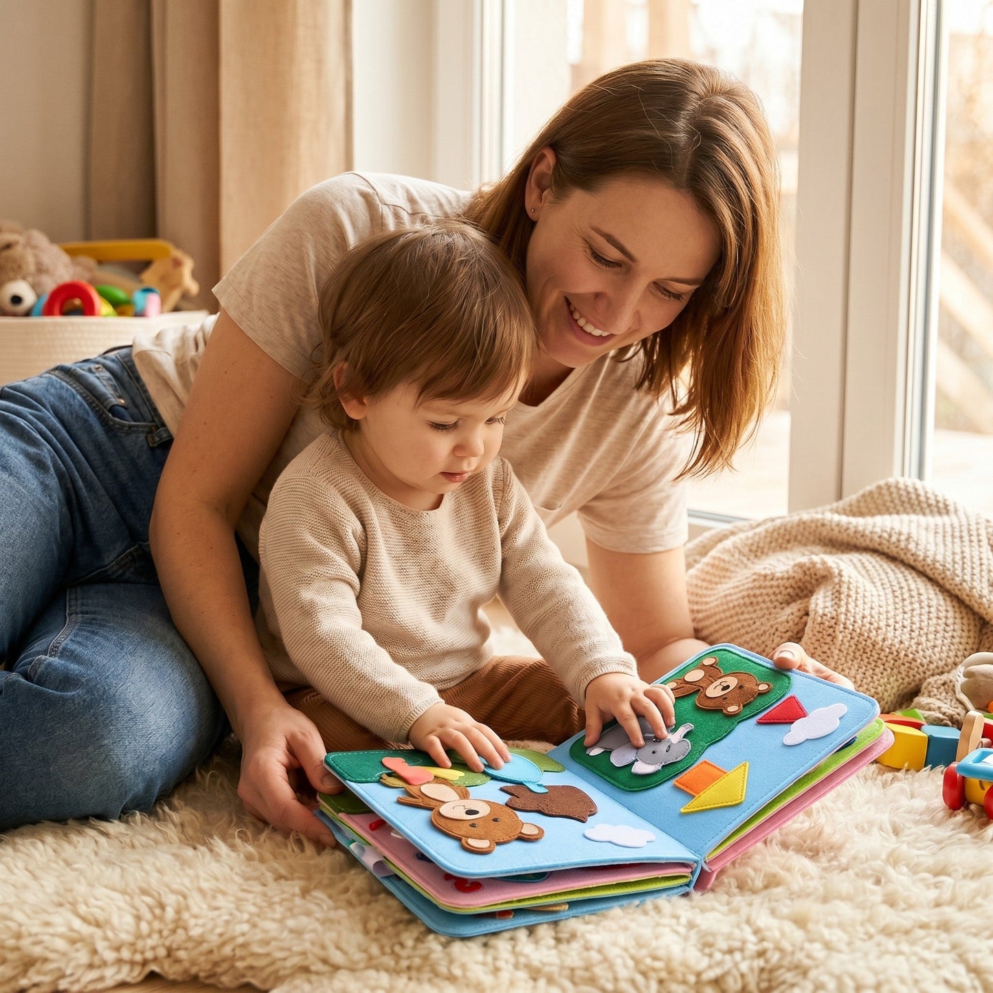 Mutter und Kleinkind lesen gemeinsam das Montessori-Filzbuch