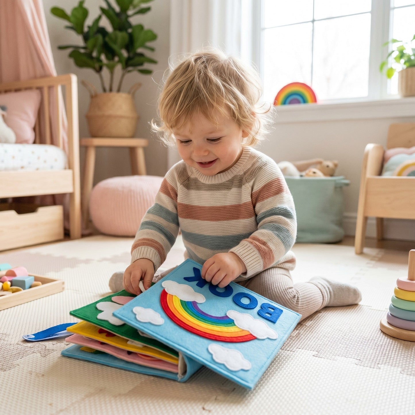 Kleinkind entdeckt das Montessori-Filzbuch im hellen Kinderzimmer