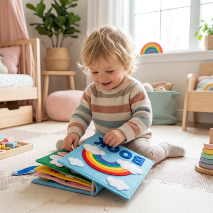 Kleinkind entdeckt das Montessori-Filzbuch im hellen Kinderzimmer