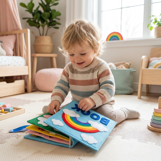 Kleinkind entdeckt das Montessori-Filzbuch im hellen Kinderzimmer