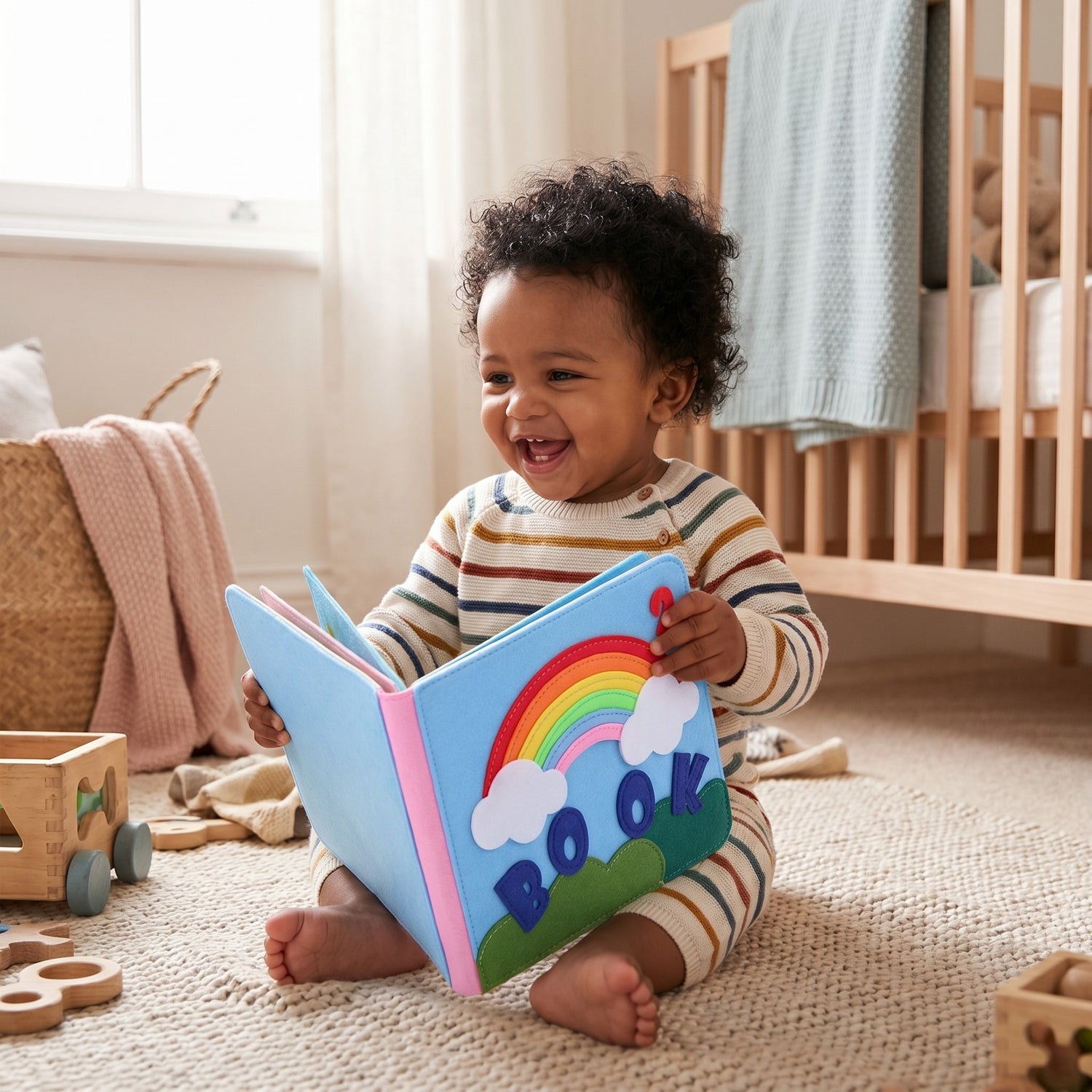 Baby freut sich ueber das Montessori-Filzbuch
