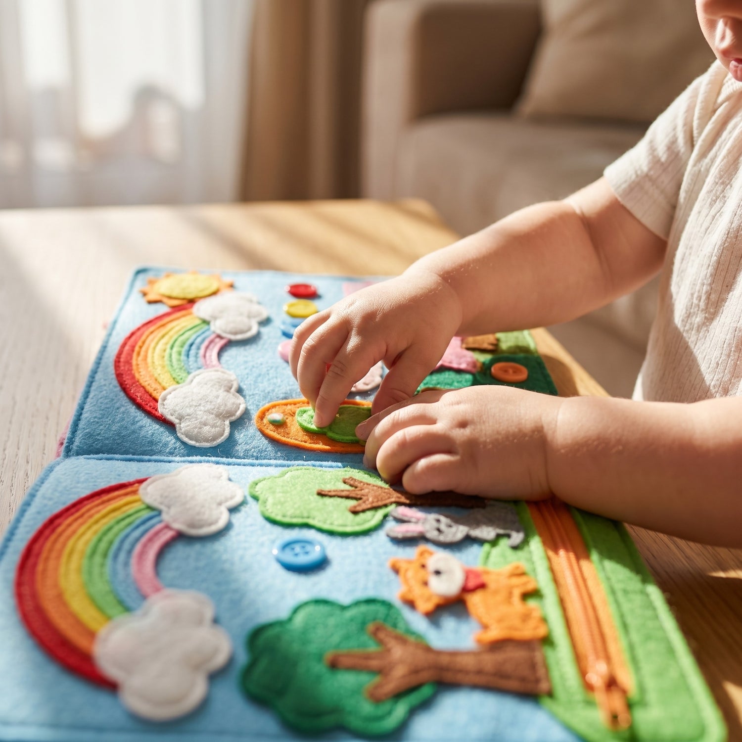 Kinderhaende ertasten die Filzseiten des Montessori-Filzbuch