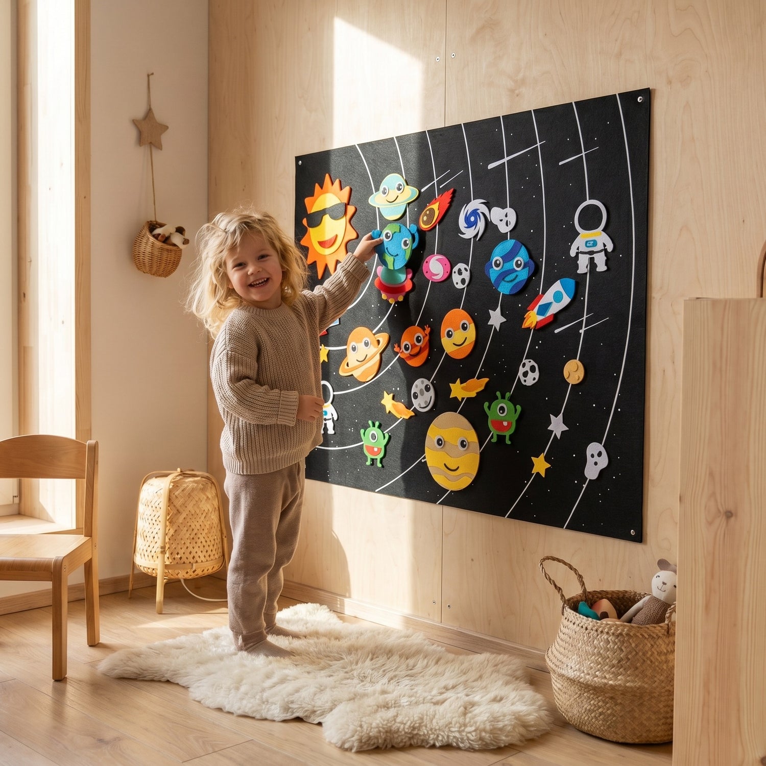 Mädchen spielt am Montessori-Filzbuch Weltall im Kinderzimmer