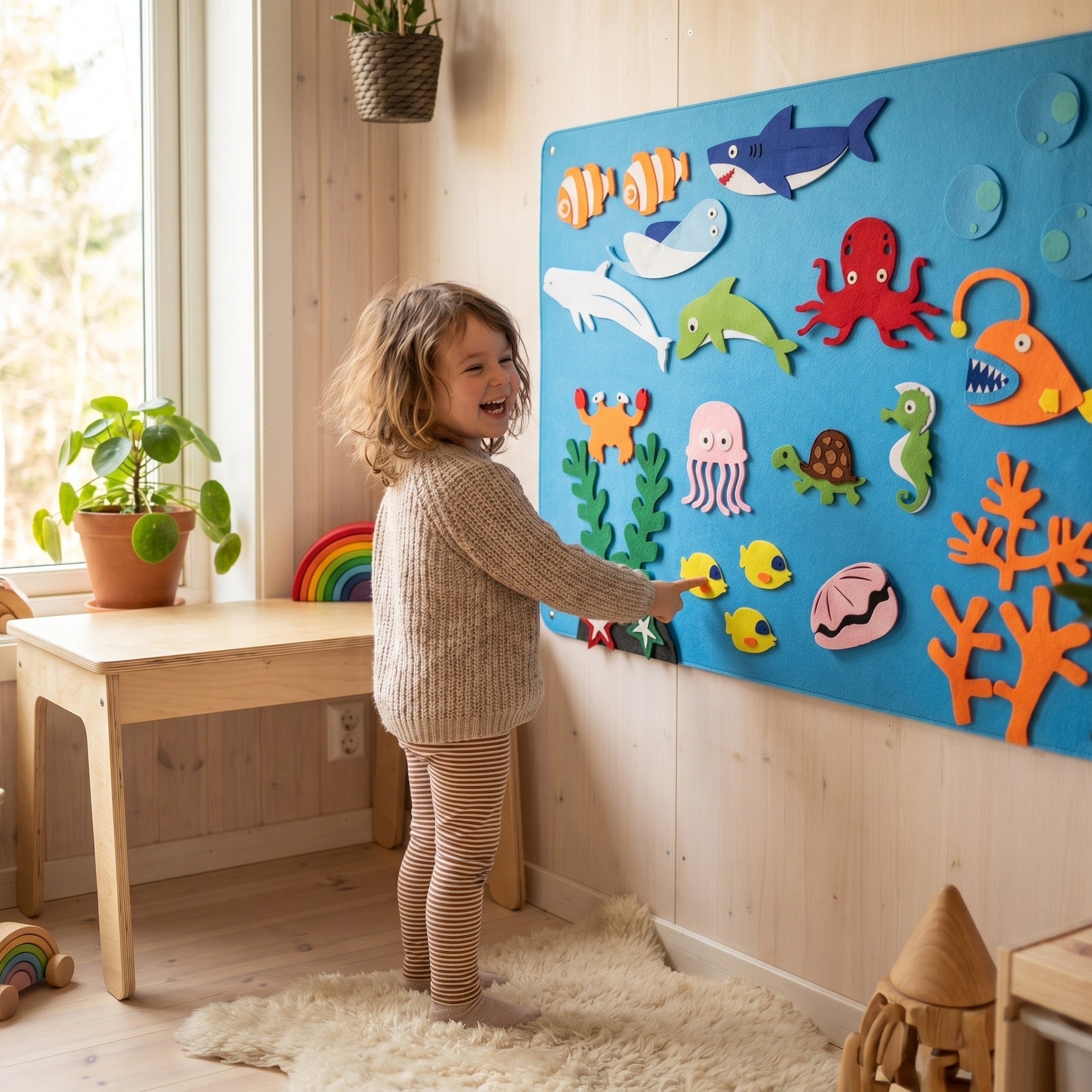 Mädchen entdeckt das Unterwasser-Filzbuch an der Wand