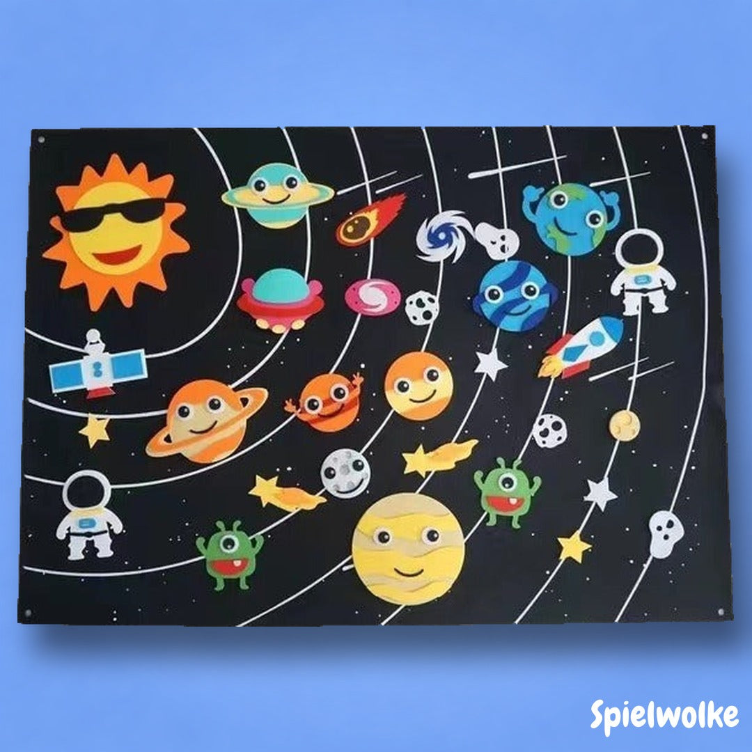 Montessori-Filzbuch Weltall Sternenhimmel-Motiv auf blauem Hintergrund
