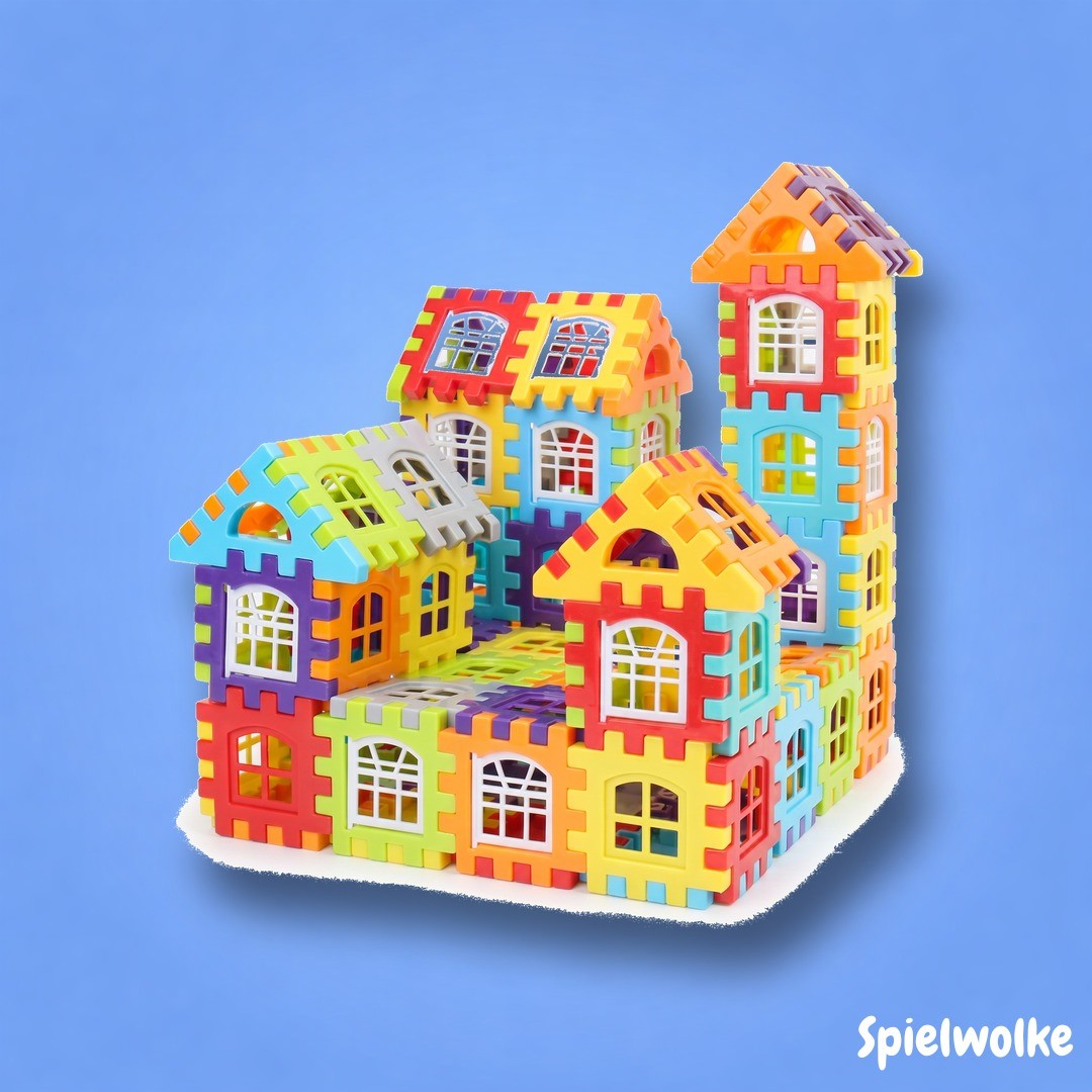 Grossbausteine Haus von Spielwolke auf blauem Hintergrund