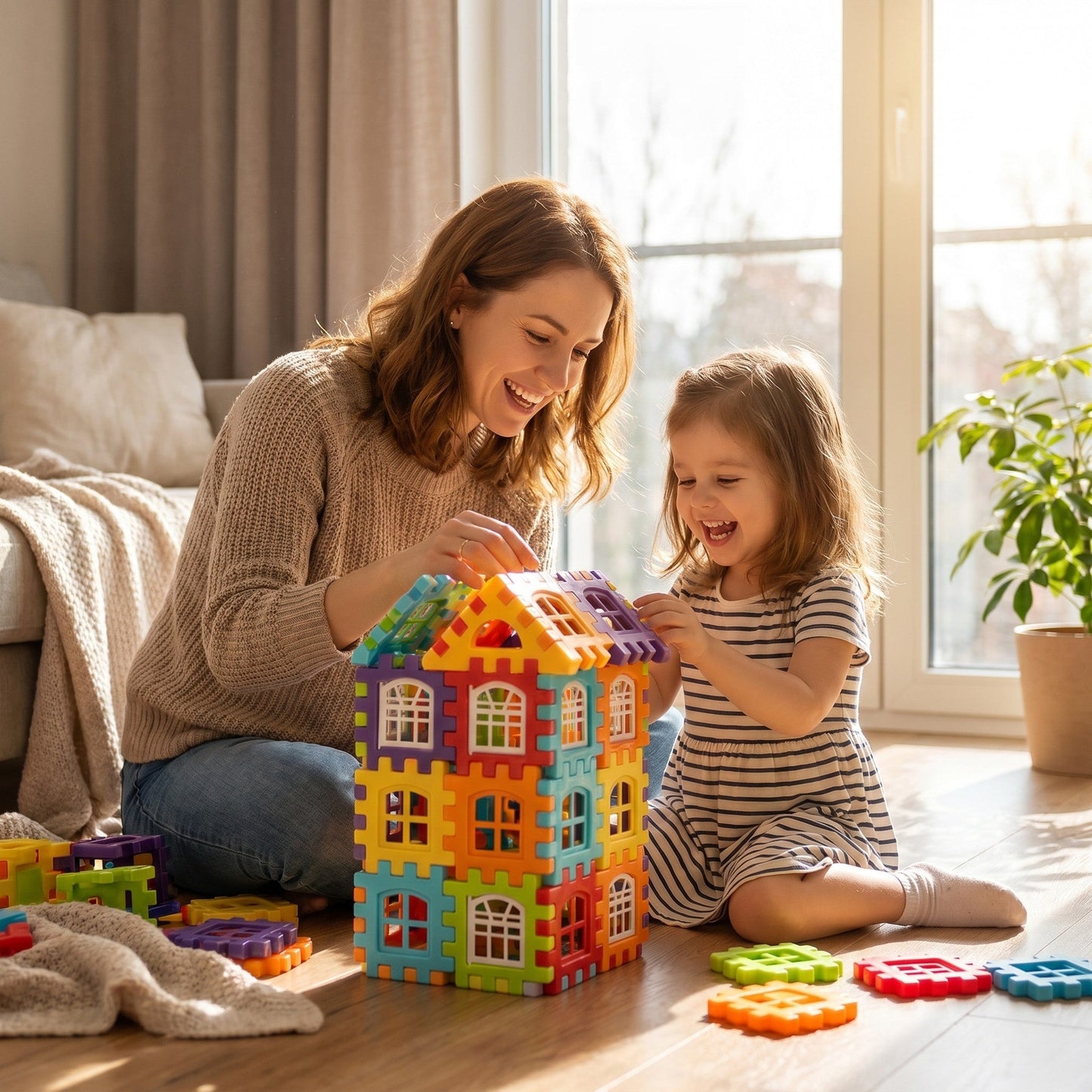 Mutter und Kind bauen gemeinsam mit den Grossbausteinen