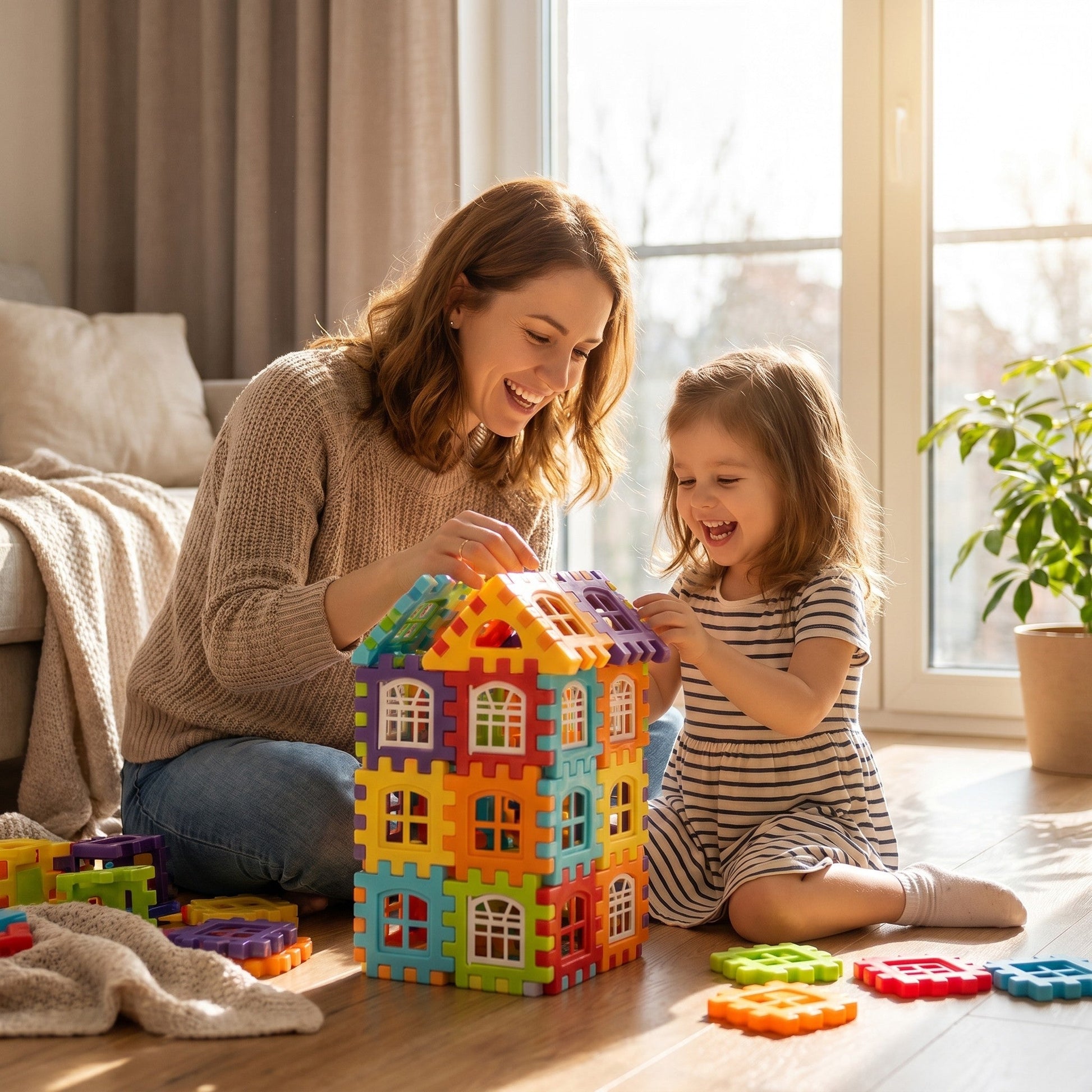 Mutter und Kind bauen gemeinsam mit den Grossbausteinen