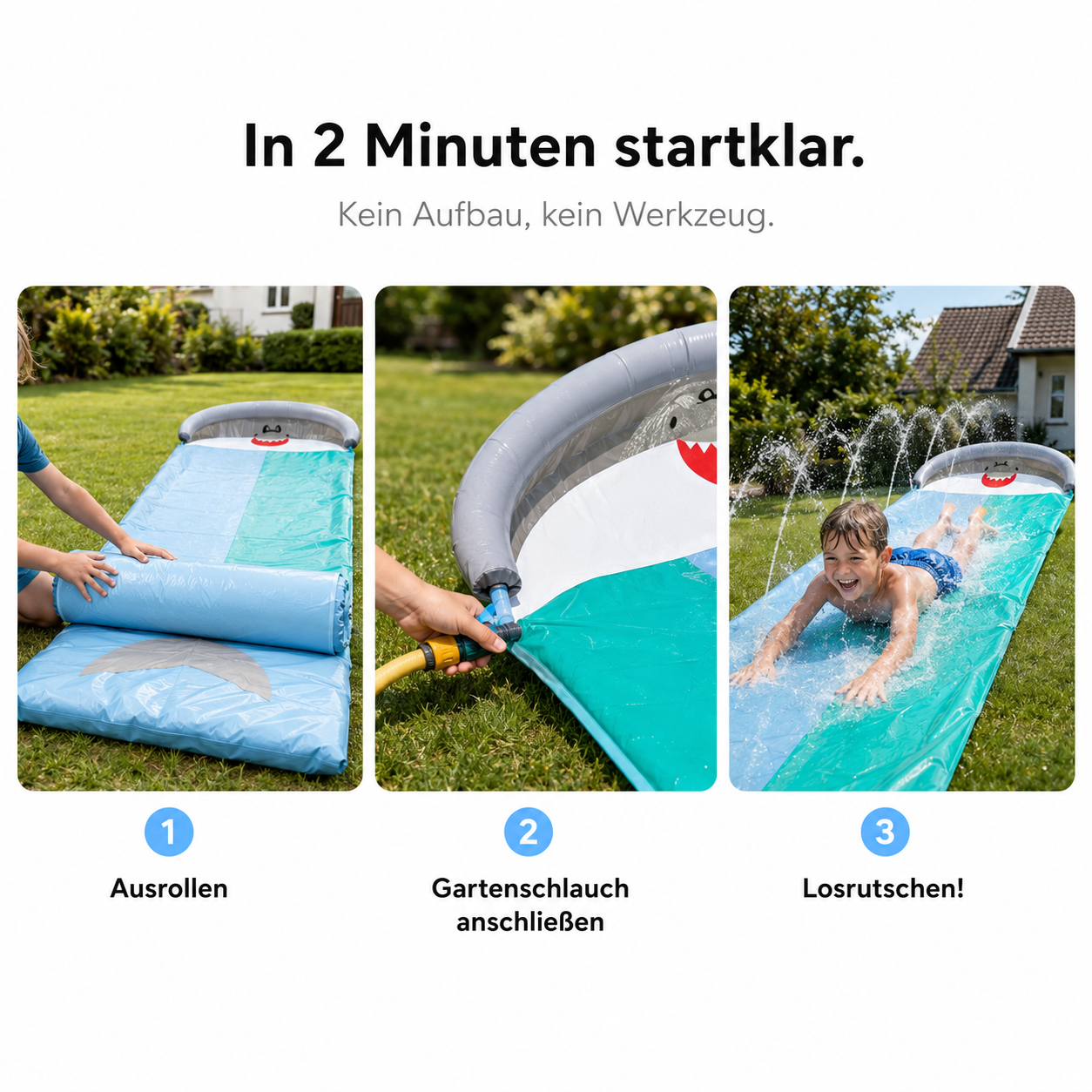 Aufbau der Hai-Wasserrutsche in 3 Schritten: ausrollen, Gartenschlauch anschließen, losrutschen