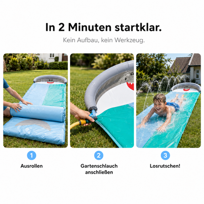 Aufbau der Hai-Wasserrutsche in 3 Schritten: ausrollen, Gartenschlauch anschließen, losrutschen