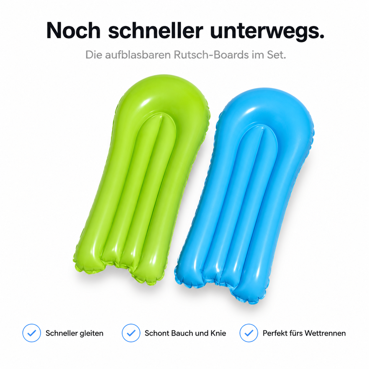 Zwei aufblasbare Rutsch-Boards in Grün und Blau für die Hai-Wasserrutsche
