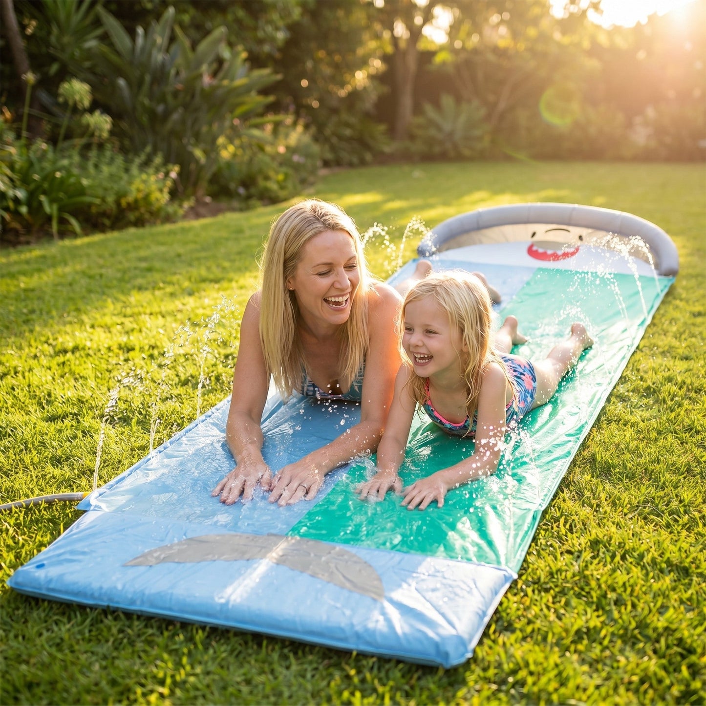 Familie hat Spass an der Hai-Wasserrutsche im Garten