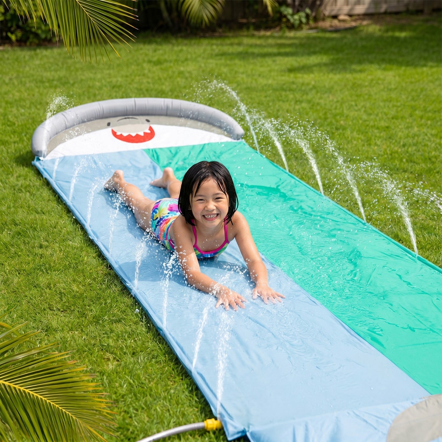 Kind freut sich auf der Hai-Wasserrutsche