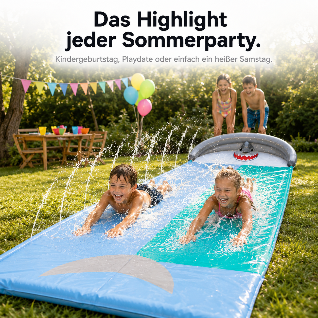 Kinder feiern Sommerparty im Garten mit der Hai-Wasserrutsche