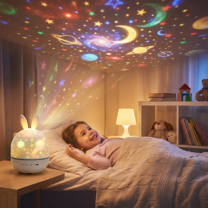 Kind im Bett mit projiziertem Sternenhimmel des Hasen-Sternenprojektor