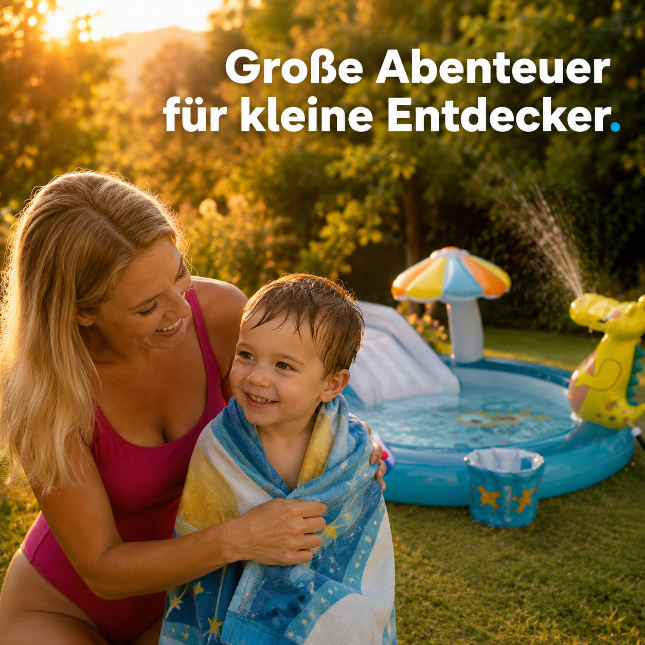 Mutter wickelt ihr Kind nach dem Planschen in ein Handtuch – Intex Pool im Abendlicht