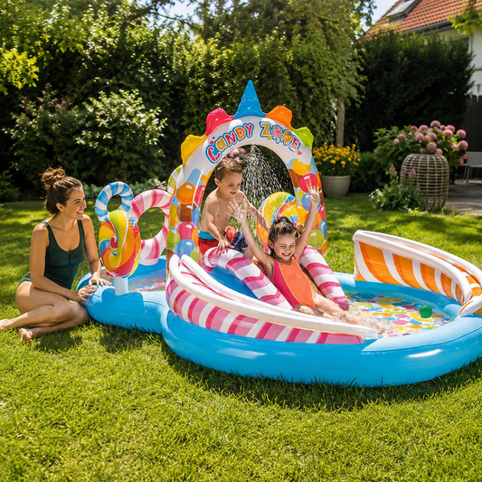 Kinder rutschen und planschen im Intex Candyland Playcenter im Garten