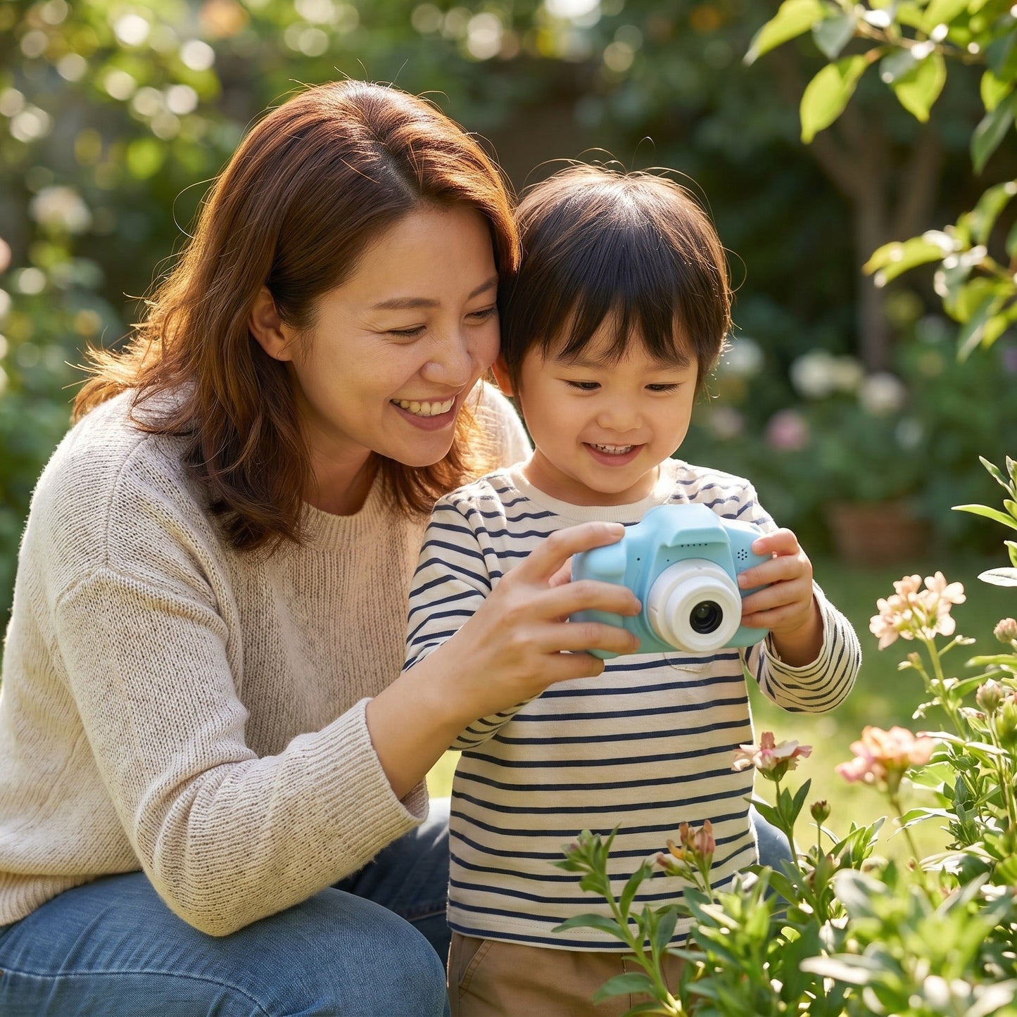 Mutter und Kind entdecken gemeinsam die Kinderkamera im Garten