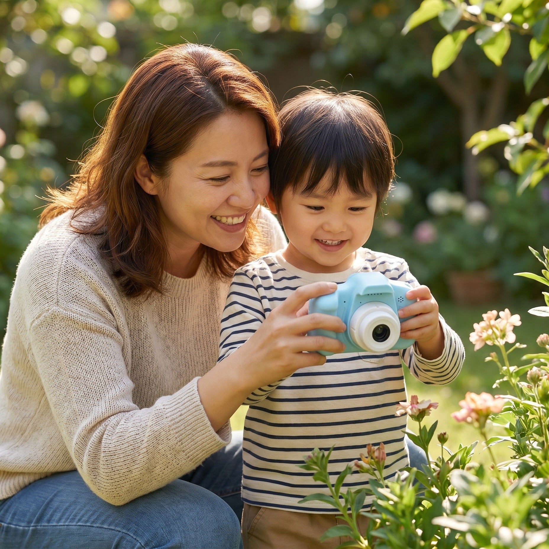 Mutter und Kind entdecken gemeinsam die Kinderkamera im Garten