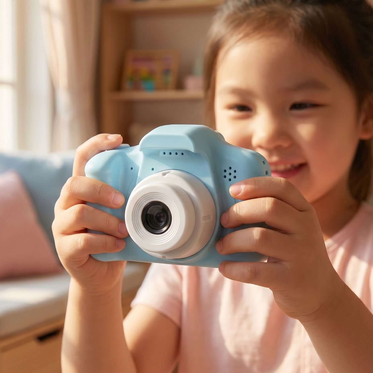 Kind hält die blaue Kinderkamera bereit zum Fotografieren, Nahaufnahme