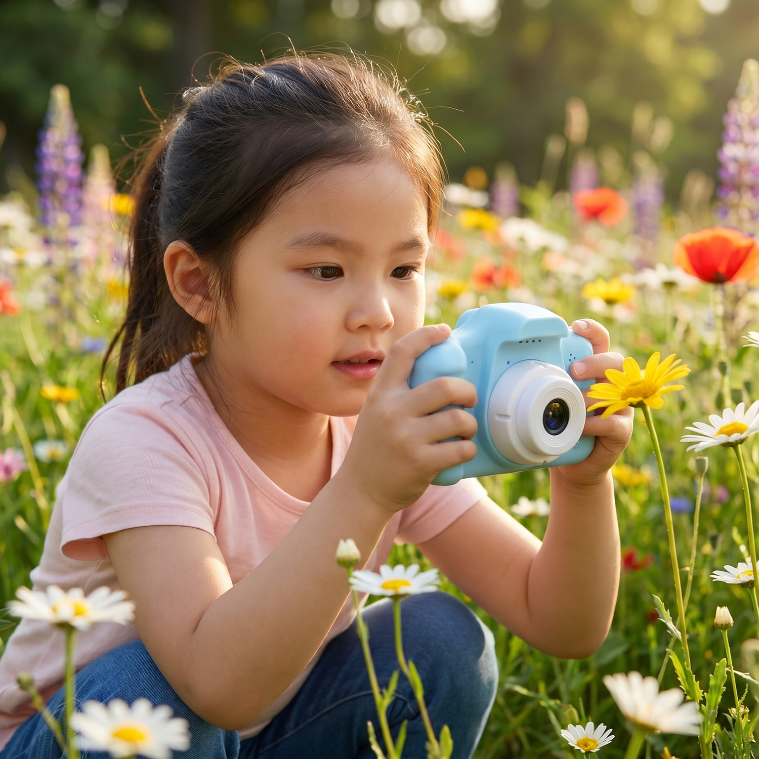 Kind fotografiert Blumen auf der Wiese mit der Kinderkamera