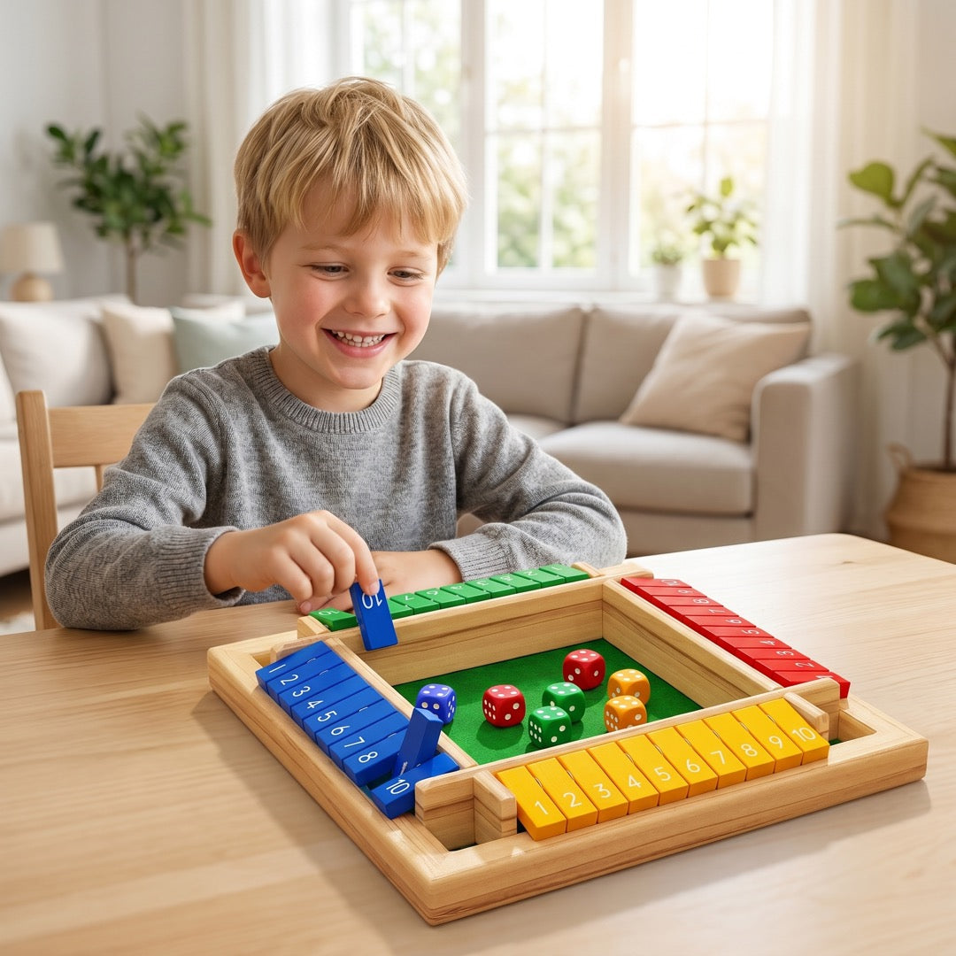 Junge spielt das Zahlen-Klappspiel aus Holz am Tisch