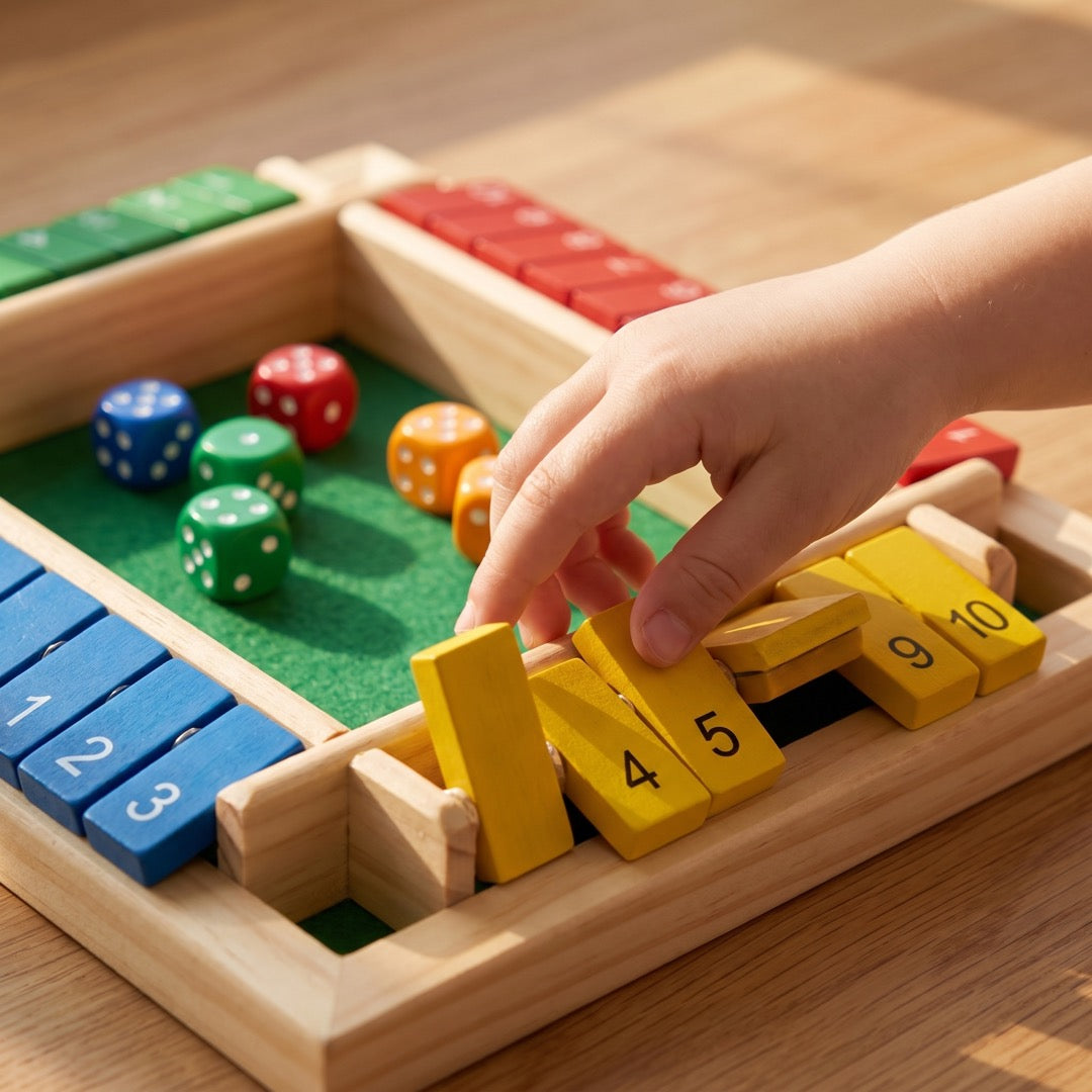 Kinderhand klappt eine Zahl beim Holz-Klappspiel um, Würfel auf grünem Filz