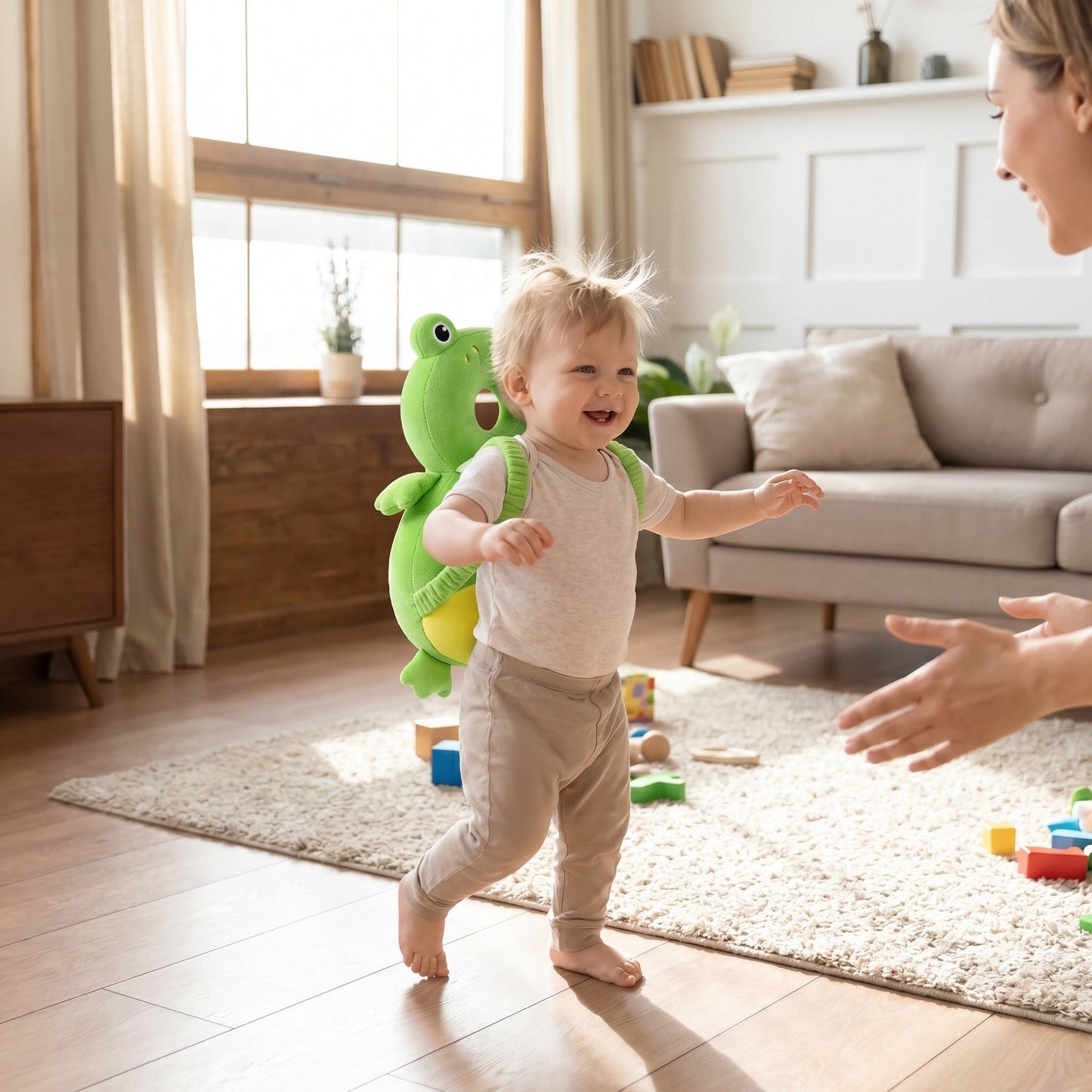 Baby traegt das Baby-Kopfschutz-Kissen beim Laufenlernen