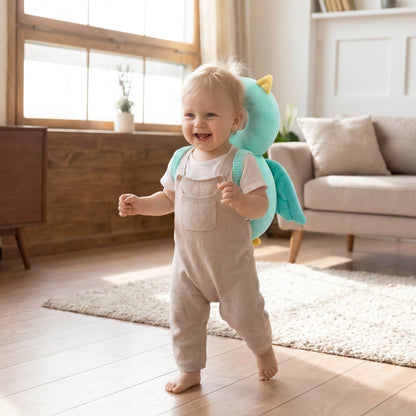 Baby traegt das Baby-Kopfschutz-Kissen beim Laufenlernen