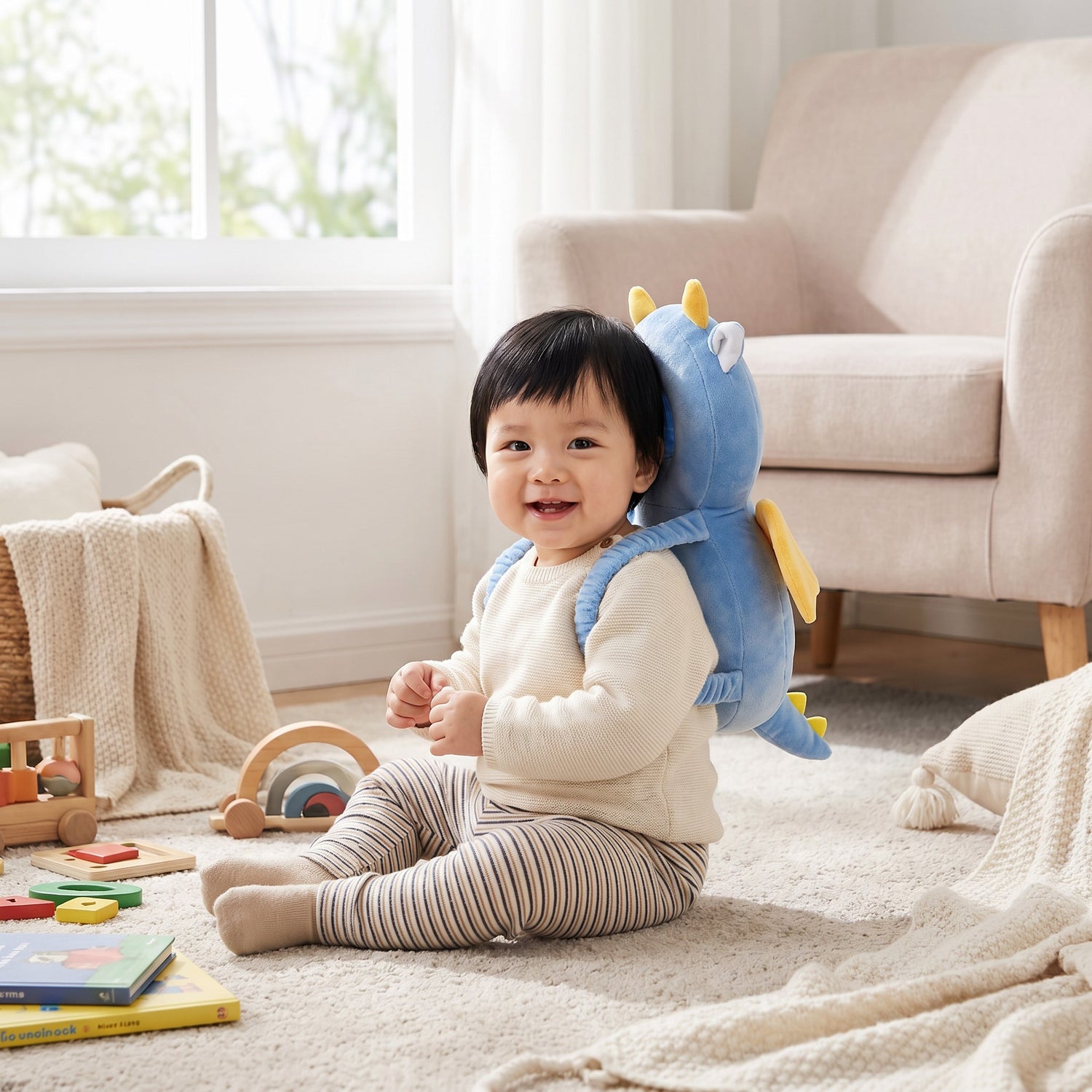 Baby freut sich mit dem Baby-Kopfschutz-Kissen