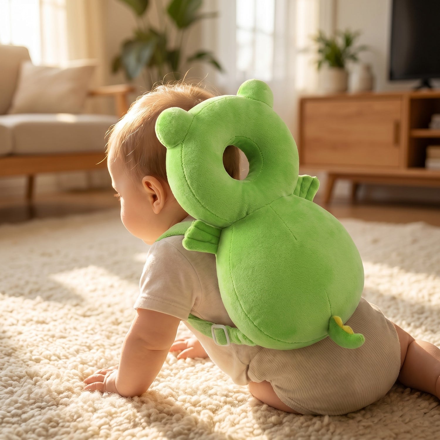 Detailansicht des Baby-Kopfschutz-Kissen auf dem Ruecken