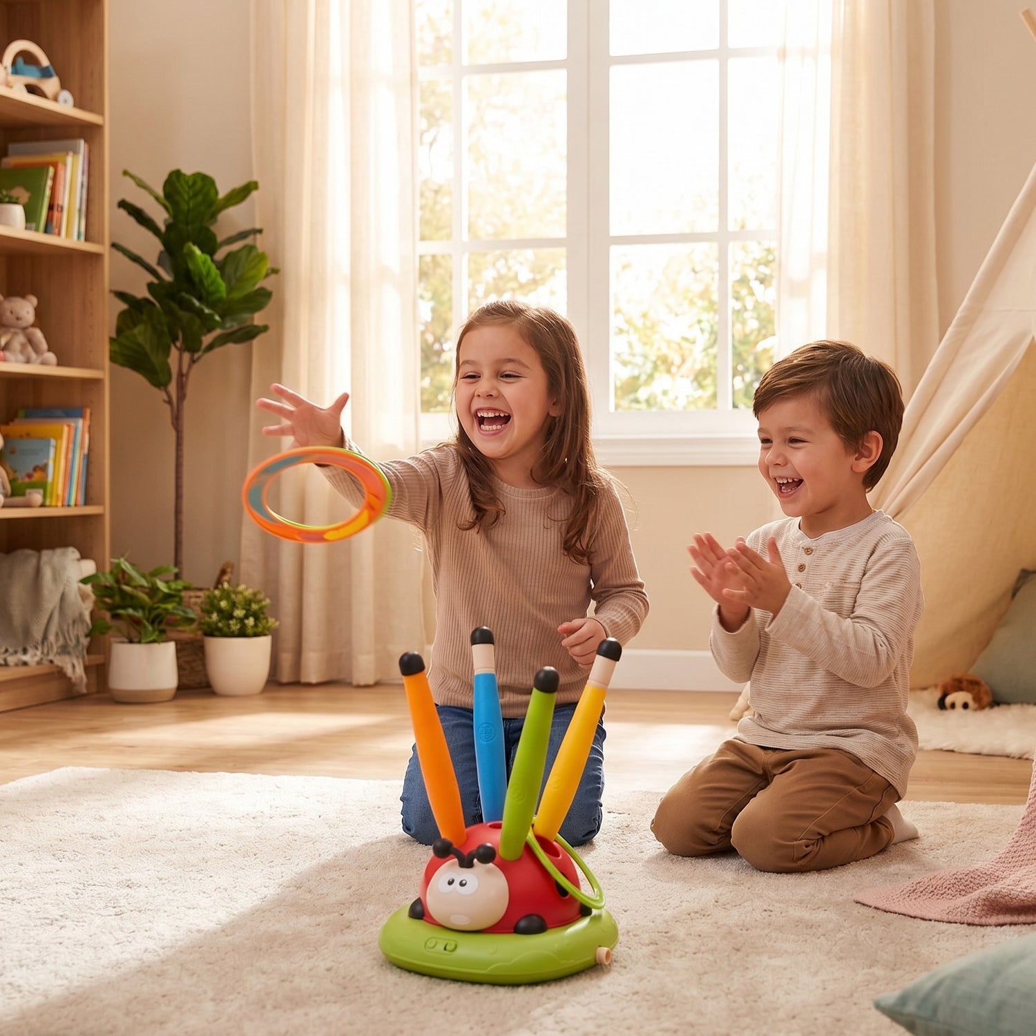 Zwei Kinder werfen Ringe auf den Marienkäfer Bewegungstrainer beim Spielen