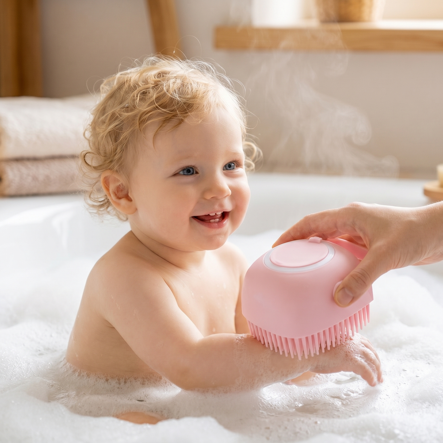 Glückliches Baby in der Badewanne mit der Silikon-Massagebürste