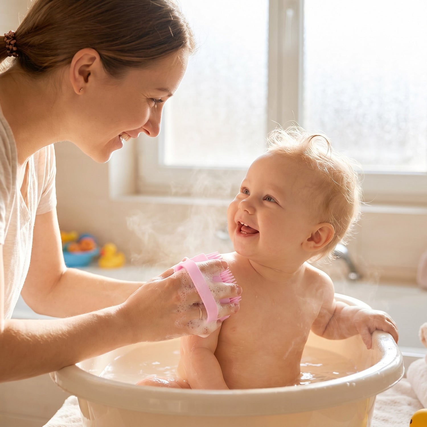 Mutter pflegt ihr Baby sanft mit der Silikon-Massagebürste im Bad