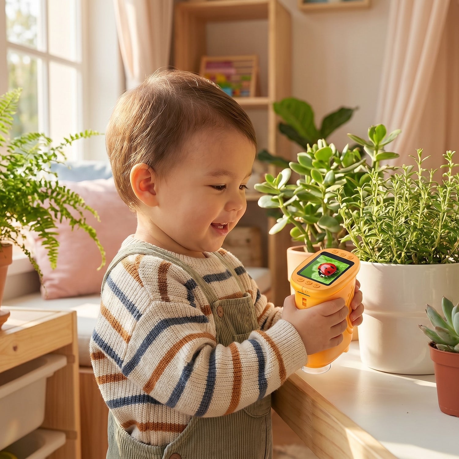 Kleinkind erforscht Pflanzen am Fenster mit dem digitalen Kindermikroskop
