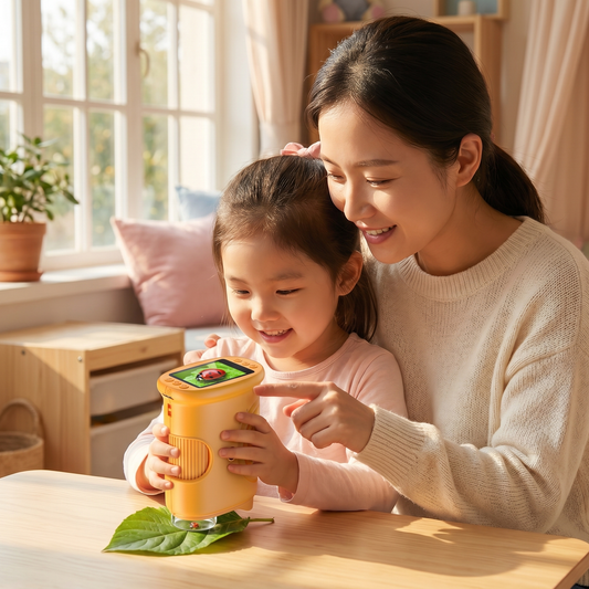 Mutter und Kind erforschen gemeinsam ein Blatt mit dem Kindermikroskop
