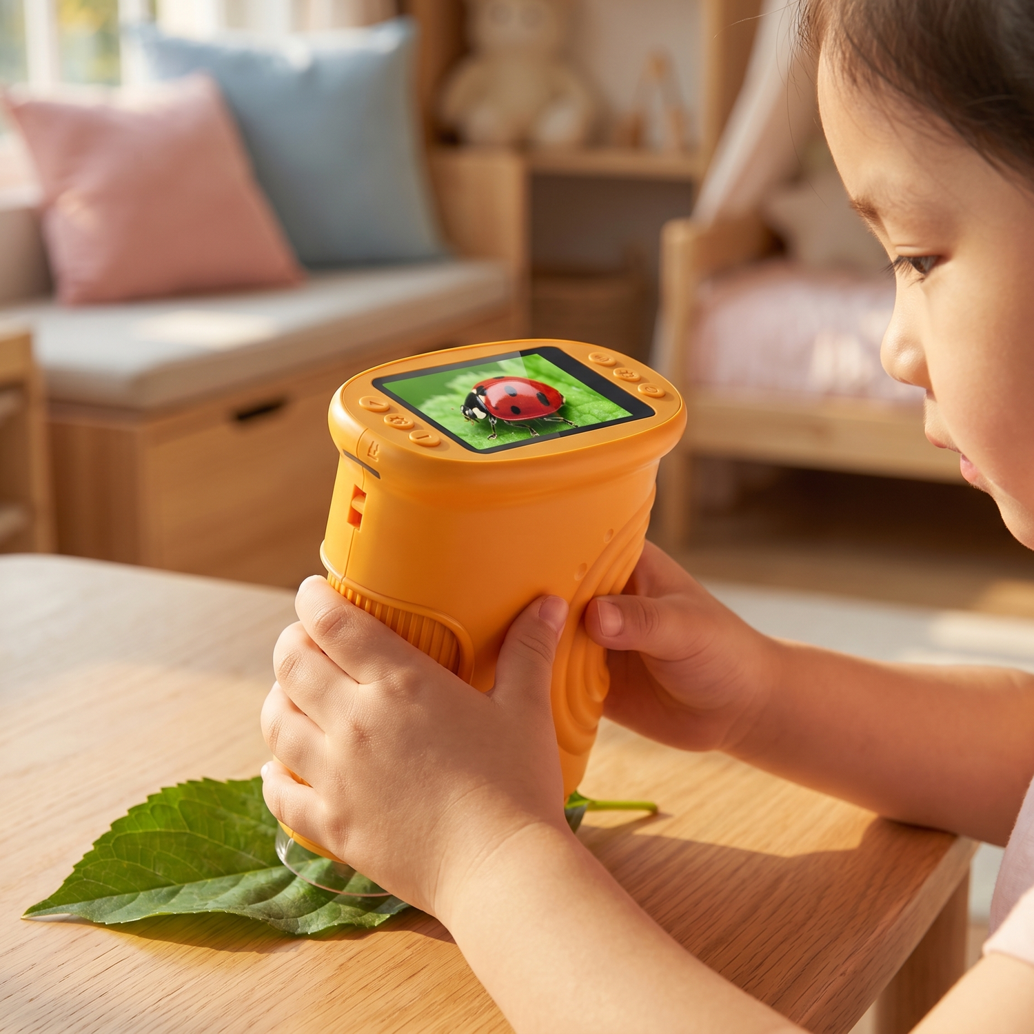 Nahaufnahme Kindermikroskop mit Marienkäfer auf dem digitalen Farbdisplay