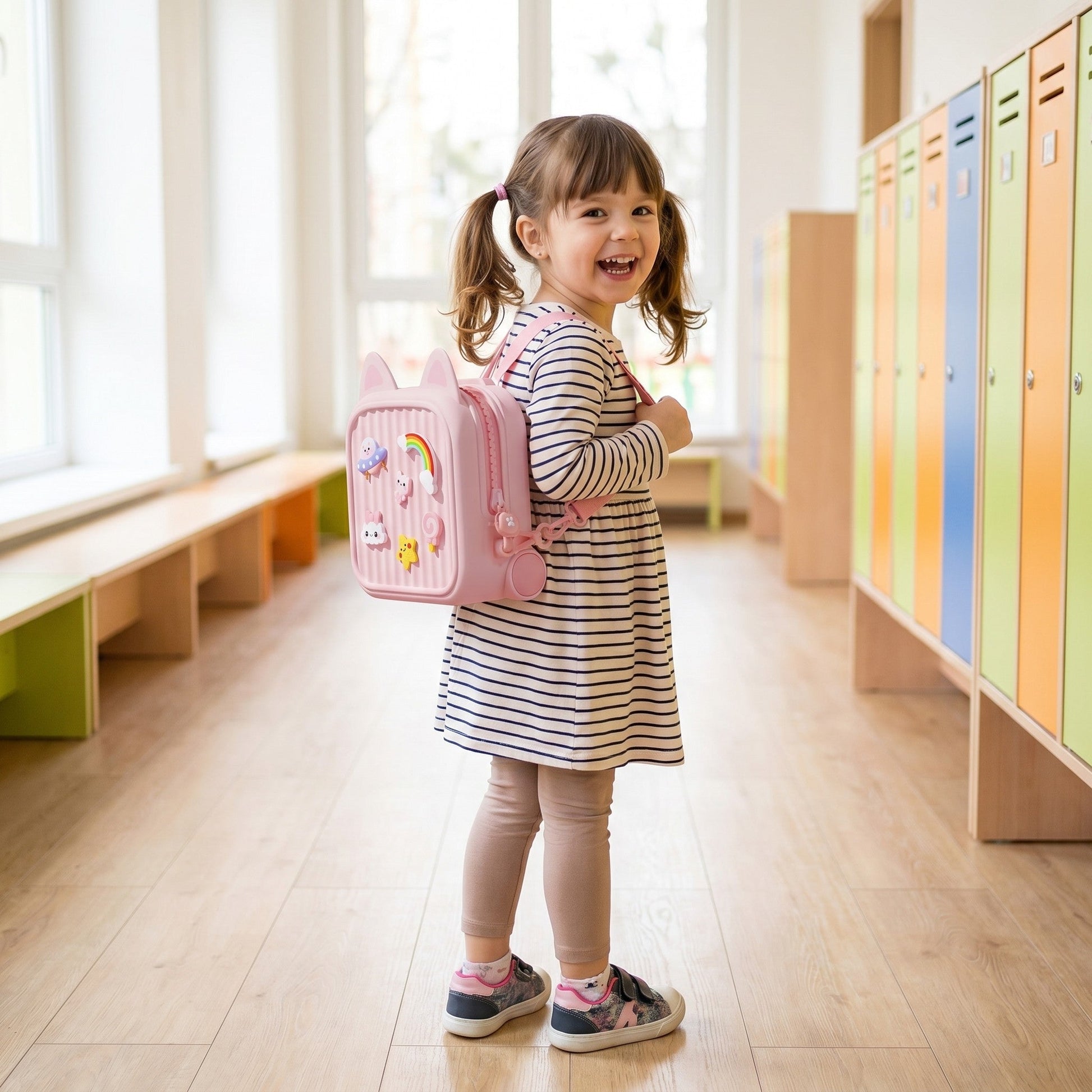 Kind mit Mini-Rucksack im hellen Zimmer