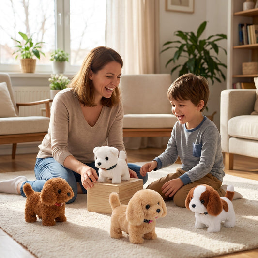 Familie hat gemeinsam Freude am laufenden Plüsch-Hund