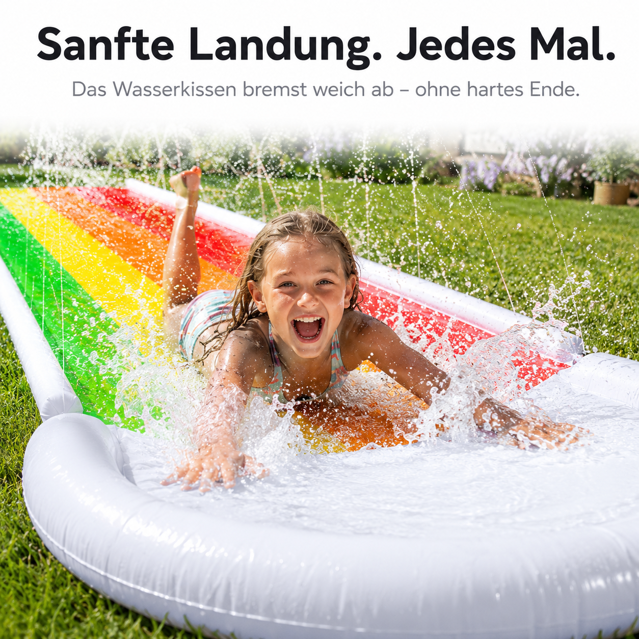 Sanfte Landung auf dem weichen Wasserkissen am Ende der Regenbogen-Rutschbahn