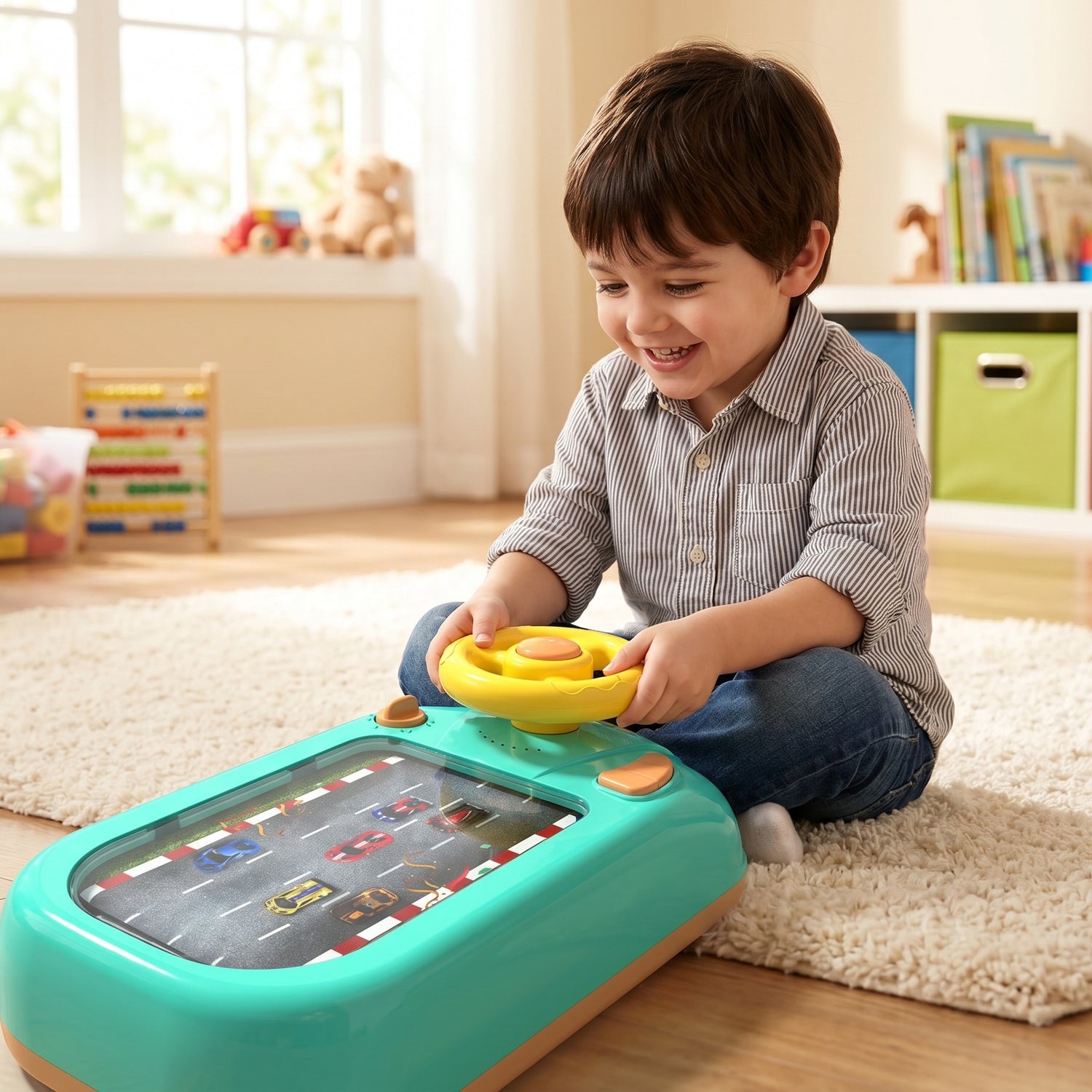 Junge spielt konzentriert den Renn-Simulator im Kinderzimmer