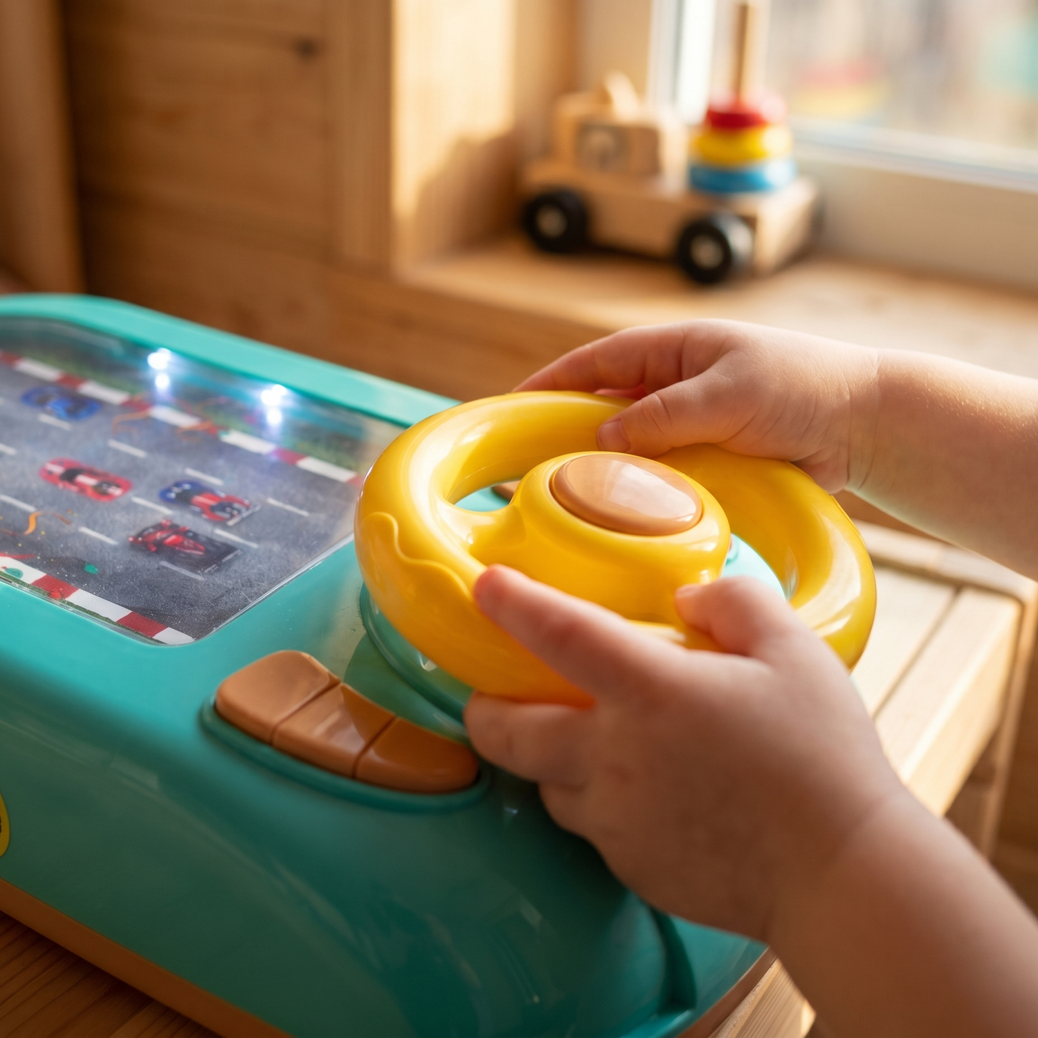 Kinderhände am gelben Lenkrad des Renn-Simulators mit Rennstrecke