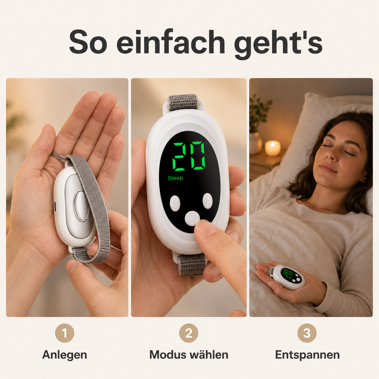 Mikrostrom Schlafhilfe 3-Schritte-Anleitung – Anlegen, Modus wählen, Entspannen